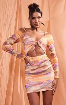 PrettyLittleThing Облегающее платье из сетки с завязками спереди и вырезом спереди с разноцветными завитками и плиточным принтом
