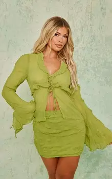 PrettyLittleThing Облегающее платье из шифона лаймового цвета с завязками и расклешенными рукавами