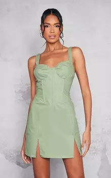 PrettyLittleThing Облегающее платье карго цвета шалфейного цвета с контрастной строчкой и корсетом