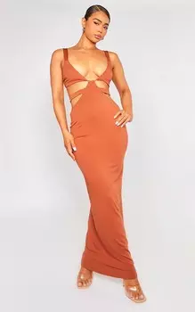 PrettyLittleThing Облегающее платье макси с вырезом и вырезом Rust