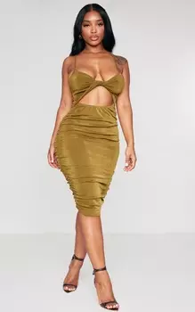 PrettyLittleThing Облегающее платье миди из ацетата оливкового цвета со сборками и складками