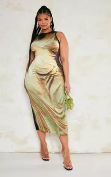 PrettyLittleThing Облегающее платье миди зеленого цвета с драпировкой и принтом статуи