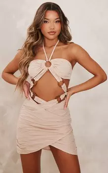 PrettyLittleThing Облегающее платье с льняным эффектом Stone и экстремальным вырезом в виде колец