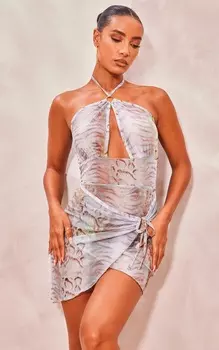 PrettyLittleThing Облегающее платье с сетчатой юбкой с запахом и леопардовым принтом