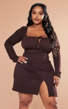 PrettyLittleThing Облегающее платье шоколадного цвета с пышными рукавами и завязкой спереди
