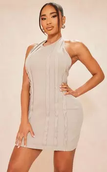 PrettyLittleThing Облегающее платье темно-серого цвета с ребристым швом и вырезом халтер