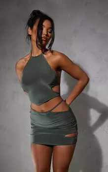 PrettyLittleThing Облегающий топ цвета хаки с вырезами и бретелями на спине