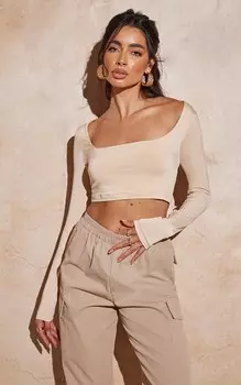 PrettyLittleThing Облегающий укороченный топ с квадратным вырезом Basic Stone