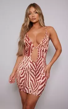 PrettyLittleThing Обтягивающее облегающее платье с глубоким вырезом и бретелями с разноцветным животным принтом