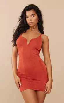 PrettyLittleThing Обтягивающее облегающее платье с открытой спиной и V-образным вырезом из ржавого ацетата