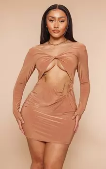 PrettyLittleThing Обтягивающее облегающее платье со сборками и рюшами в форме верблюжьего цвета