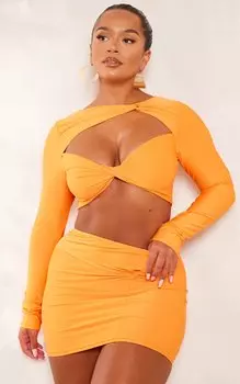 PrettyLittleThing Обтягивающий топ с длинными рукавами и вырезами Shape Burnt Orange