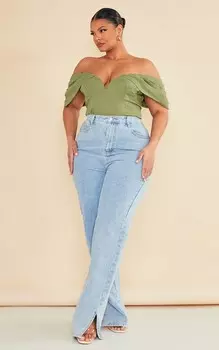 PrettyLittleThing Оливковое фактурное боди с открытыми плечами Plus