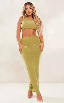 PrettyLittleThing Оливковое облегающее платье макси с вырезом спереди Shape