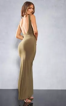 PrettyLittleThing Оливковое платье макси с вырезами и глубоким разрезом на спине