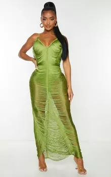 PrettyLittleThing Оливковое платье мидакси с бахромой
