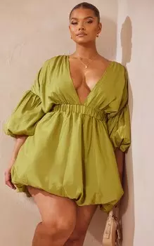 PrettyLittleThing Оливковое платье прямого кроя с пышными рукавами и пышным подолом