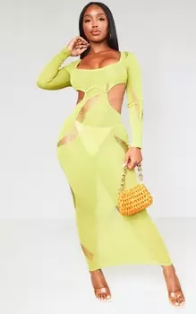 PrettyLittleThing Оливковое прозрачное трикотажное платье макси с вырезами
