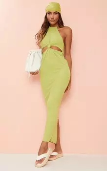 PrettyLittleThing Оливковое трикотажное платье-макси с вырезами в рубчик