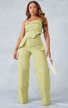 PrettyLittleThing Оливковые брюки Shape с плетеной молнией