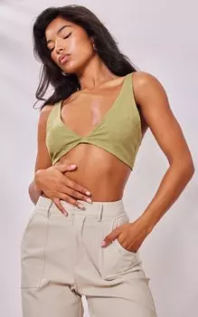 PrettyLittleThing Оливковый хлопковый бюстгальтер без косточек с асимметричными ремешками
