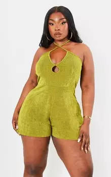PrettyLittleThing Оливковый комбинезон из ацетата с вырезами и перекрестием спереди