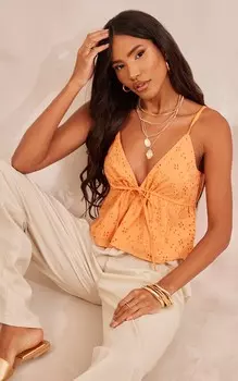 PrettyLittleThing Оранжевая майка с завязками на талии Broderie