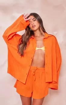 PrettyLittleThing Оранжевая свободная рубашка свободного кроя с длинным рукавом и фактурным принтом