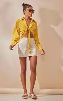 PrettyLittleThing Оранжевая укороченная льняная рубашка с узлом спереди