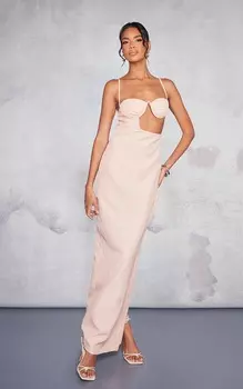 PrettyLittleThing Оранжевое льняное платье макси на косточках с вырезами по бокам и бретелями