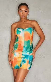 PrettyLittleThing Оранжевое облегающее платье из эластичной ткани с абстрактным принтом и косточками