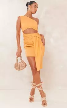 PrettyLittleThing Оранжевое облегающее платье из льна с вырезом на одно плечо и драпировкой
