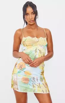 PrettyLittleThing Оранжевое облегающее платье из сетчатой ткани с тропической отделкой и кружевной отделкой