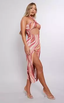 PrettyLittleThing Оранжевое облегающее платье мидакси из ацетата с абстрактным принтом и вырезами через шею