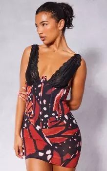 PrettyLittleThing Оранжевое облегающее платье с кружевным корсетом и абстрактным принтом
