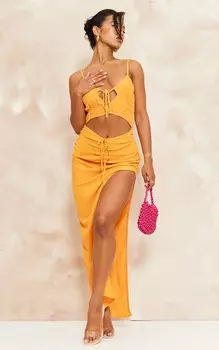PrettyLittleThing Оранжевое платье макси со сборками и бретелями со сборками и вырезами из льняной ткани