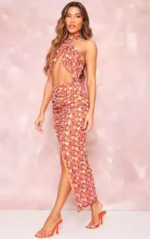 PrettyLittleThing Оранжевое платье мидакси со сборками и вырезом через шею с воротником-халтер и цветочным принтом