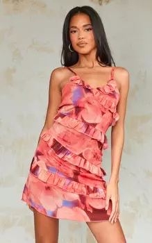 PrettyLittleThing Оранжевое платье прямого кроя с асимметричной оборкой и бретелями с цветочным принтом