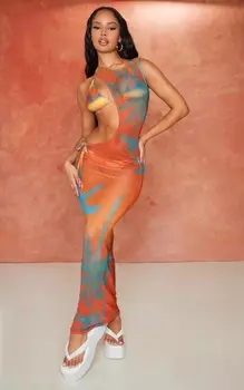 PrettyLittleThing Оранжевое пляжное платье макси из сетчатой ткани с принтом пальм и омбре