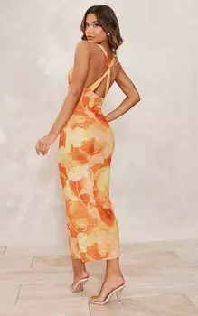 PrettyLittleThing Оранжевое текстурированное платье мидакси с глубоким вырезом и крестиком на спине с цветочным принтом