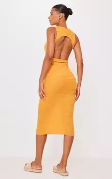 PrettyLittleThing Оранжевое текстурированное платье-миди с открытой спиной и завязкой