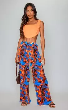 PrettyLittleThing Оранжевые широкие брюки плиссе с завышенной талией и абстрактным принтом