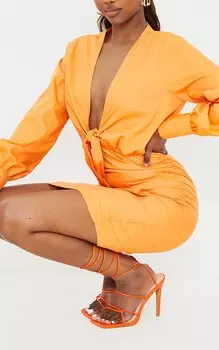 PrettyLittleThing Оранжевые высокие туфли на высоком каблуке с широкой посадкой и ремешками на шнуровке