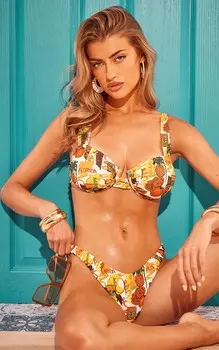 PrettyLittleThing Оранжевый бикини-топ на косточках с пышным бюстом и складками с принтом открытки