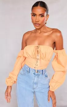 PrettyLittleThing Оранжевый Боди с длинными рукавами и открытыми плечами на крючках и глазках