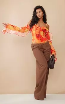 PrettyLittleThing Оранжевый корсет-бардо на косточке с тканым крючком и оборкой на глазах с цветочным принтом