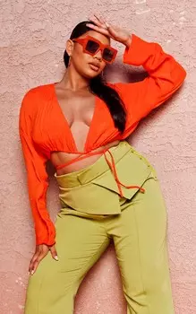 PrettyLittleThing Оранжевый пляжный топ с глубоким вырезом и длинными рукавами в льняном стиле Plus