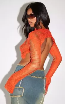 PrettyLittleThing Оранжевый рваный вязаный топ с открытой спиной