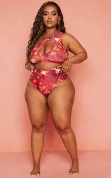 PrettyLittleThing Оранжевый топ бикини на одно плечо с принтом тай-дай
