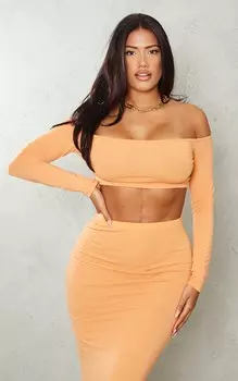 PrettyLittleThing Оранжевый трикотажный топ с длинными рукавами и бардо